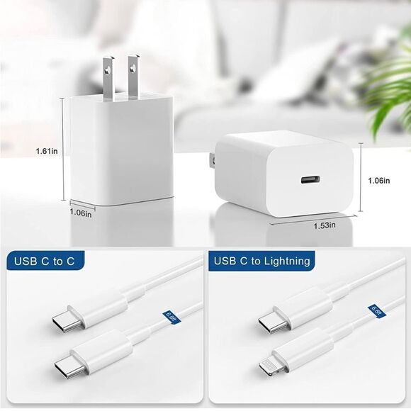 2 Pack 20W Power Adapter with 6.6FT C- C and C-L Cables MFI Certified - Picture 5 of 8